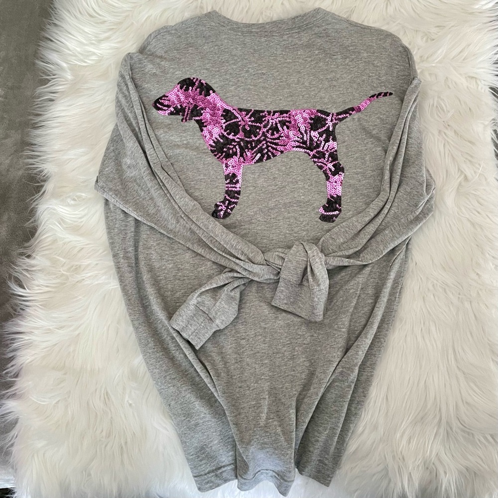PINK Purple Bling Long Sleeve Grey Campus Tee - Picture 3 of 12